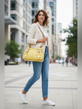 Tignanello Mustard Yellow Pebbled Leather Multi-Pocket Shoulder Bag